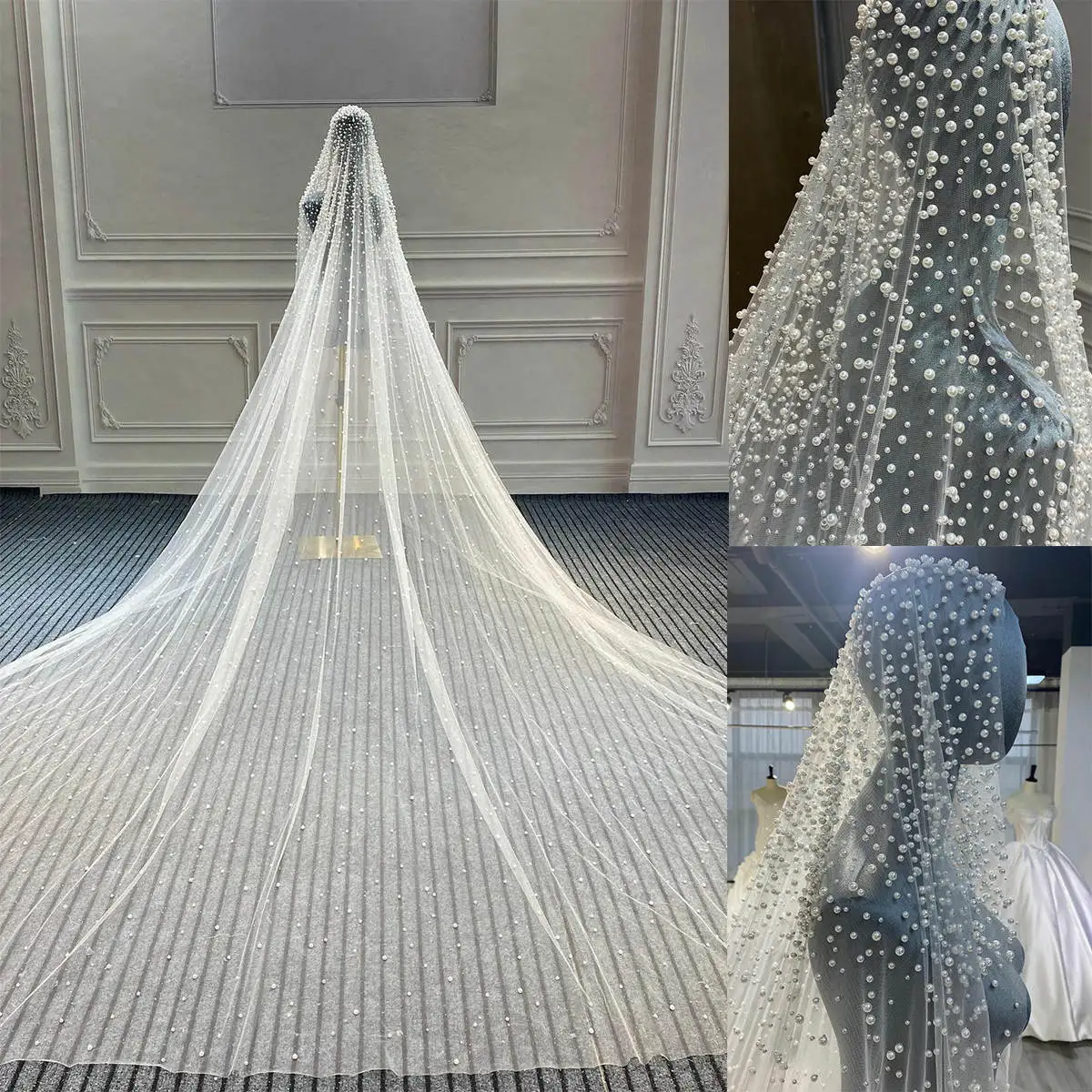 

Luxury Pearls 3 Meters Wedding Veil White Ivory Champagne Cathedral Bride Veil Exqusite Beads Wedding Accessories