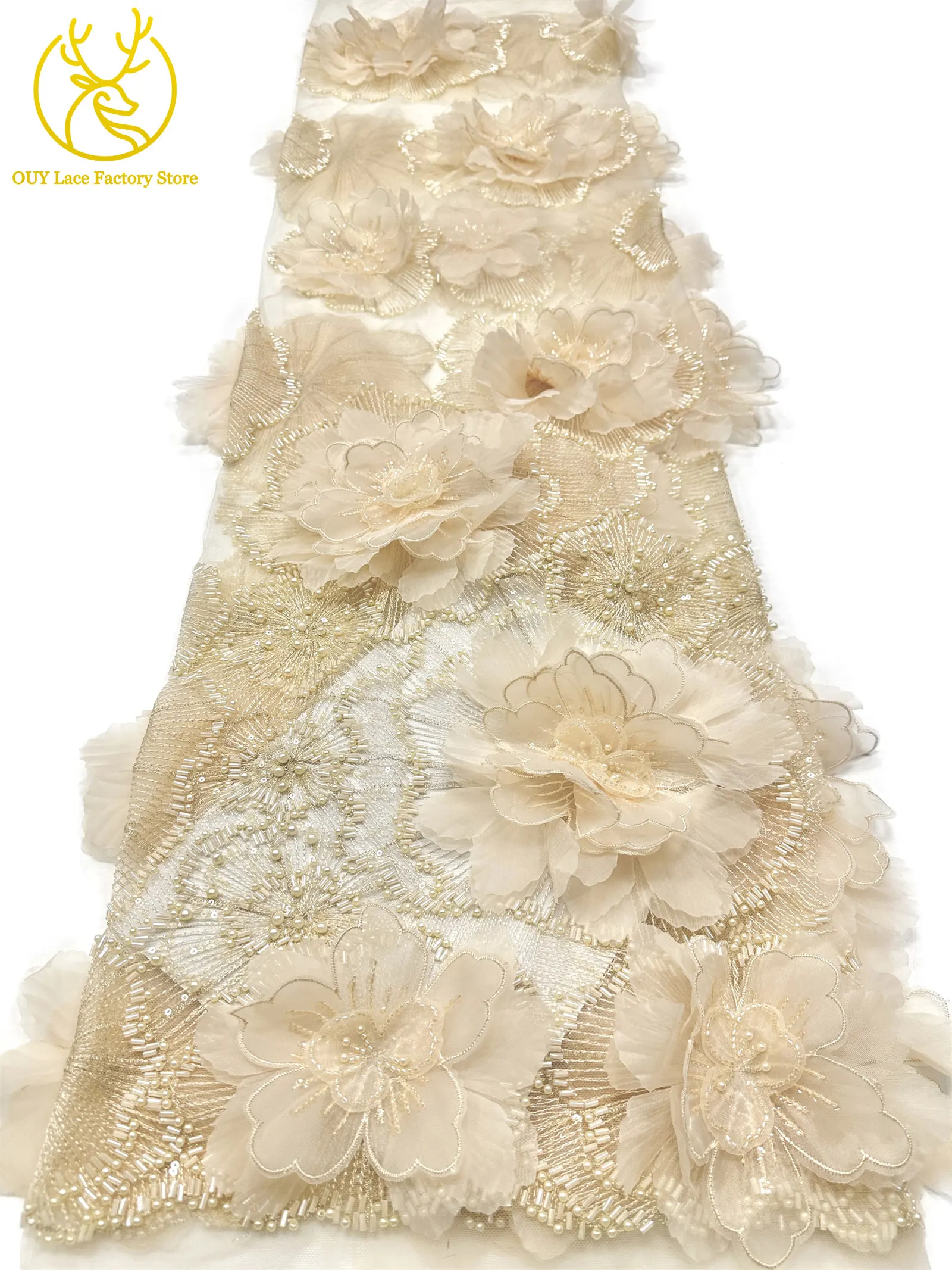 Hochwertige Exquisite 3D-Stickerei Blumen-Tüllspitze Hochwertige Afrikanische Perlen-Pailletten-Spitze Französischer Tüll Hochzeitskleid-Stoff – Detail 17