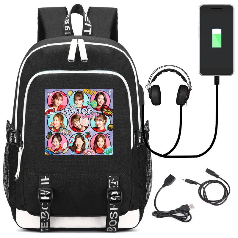 Hey Twice Girls Fans Backpack Rucksack Bag w/ USB Fashion Port / Lock / Headphone interface Students Book Laptop bag Co's'play