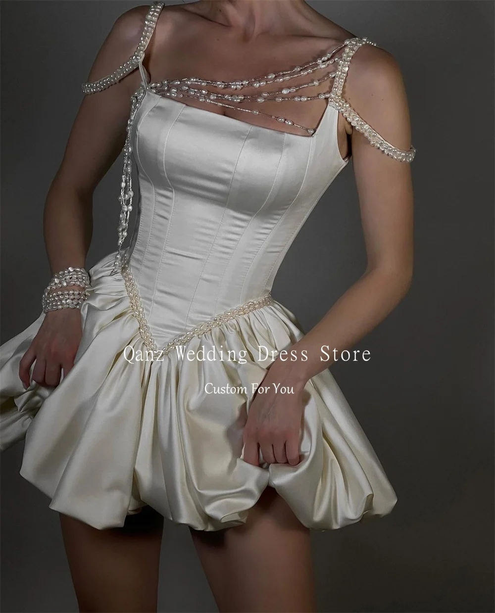 Qanz Modern Wedding Dress Detachable Tail Spaghetti Straps Abiti Da Sposa Short Satin Pearl Tassels Robe De Mariee Customized