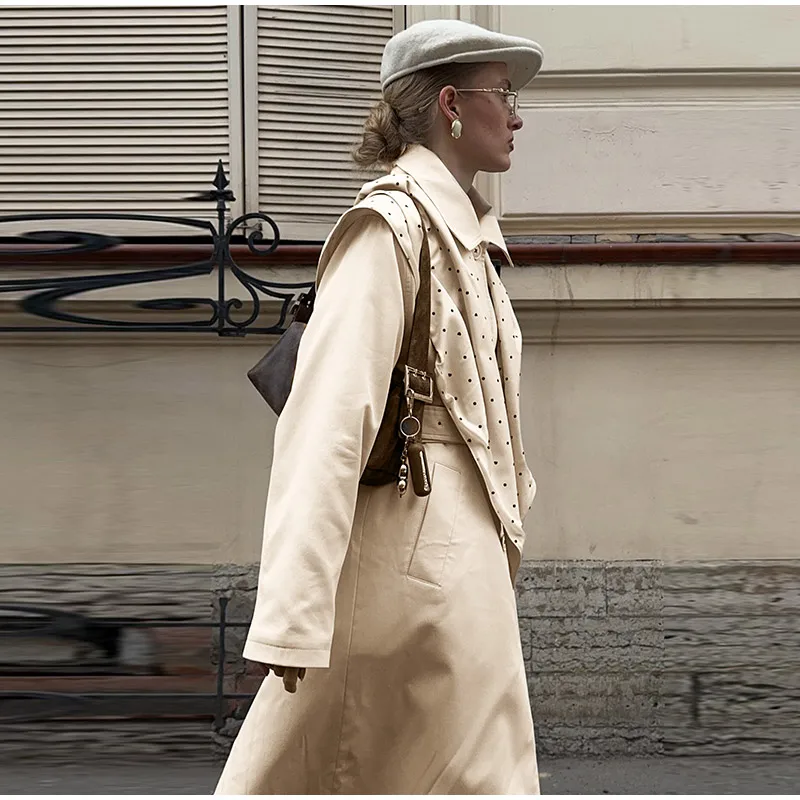 Solider Trenchcoat mit gepunktetem Futter, doppelseitiger Cape-Jacke mit Gürtel, tailliert, mit Knöpfen, Herbst 2026, Damenmode, Streetwear-Jacke – Detail 6