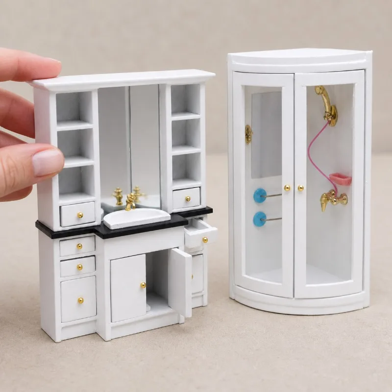 2Pcs Dollhouse Wooden Mini Bathroom Set White Vanity Mirror Cabinet Shower DIY Scene Decor Christmas Easter New Year Gift