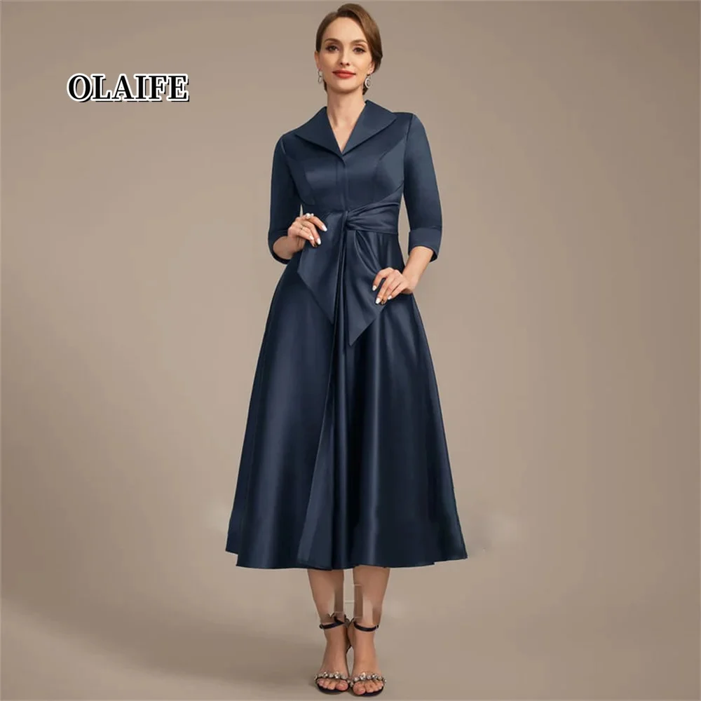 

New V-Neck Mother Of The Bride Dress A Line Tea-Length Satin Formal Dresses With Pockets Vestidos Mae Da Noiva Casamentos