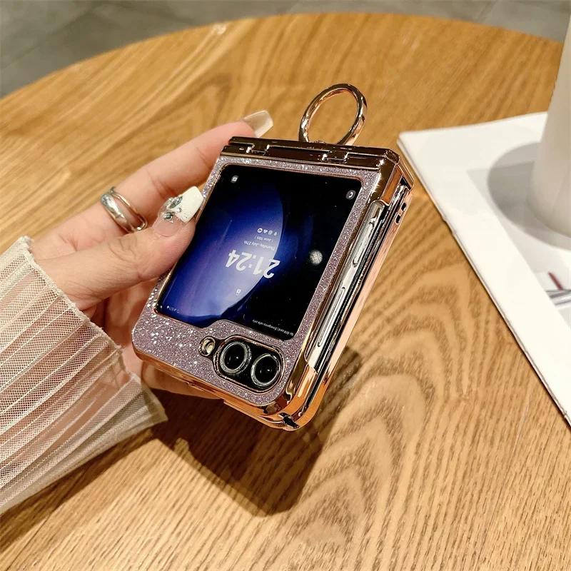 Phone Case For Samsung Galaxy Z Flip 3 4 5 6 5G Glitter Trim With Ring Electroplated Plastic Back Cover