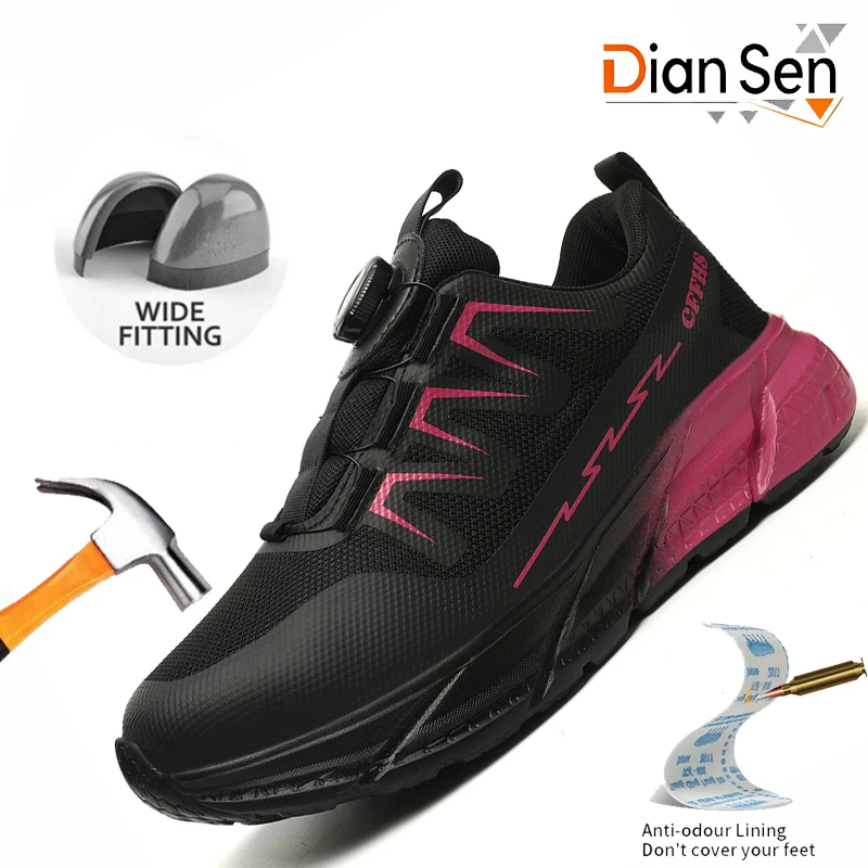 Women's Construction Work Shoes Steel Toe Safety Boots Rotary Button Protective Boots Casual Walking Shoes Indestructible Shoes