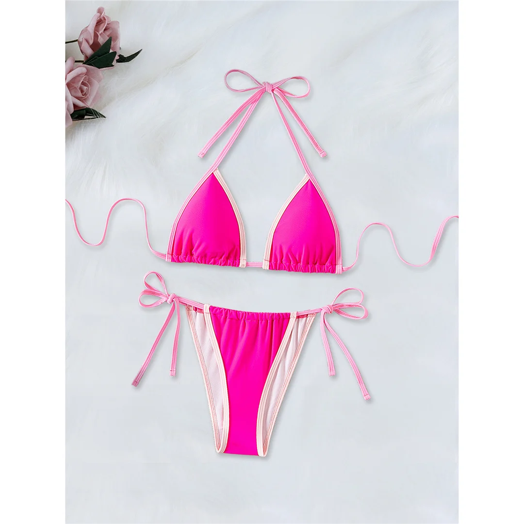 Halterneck-Bikini mit Trägern, Damen-Badebekleidung, zweiteiliger Bikini-Set, hoch geschnittene Beine, gepolsterter Badeanzug, Badebekleidung, Modell V8275. – Detail 3