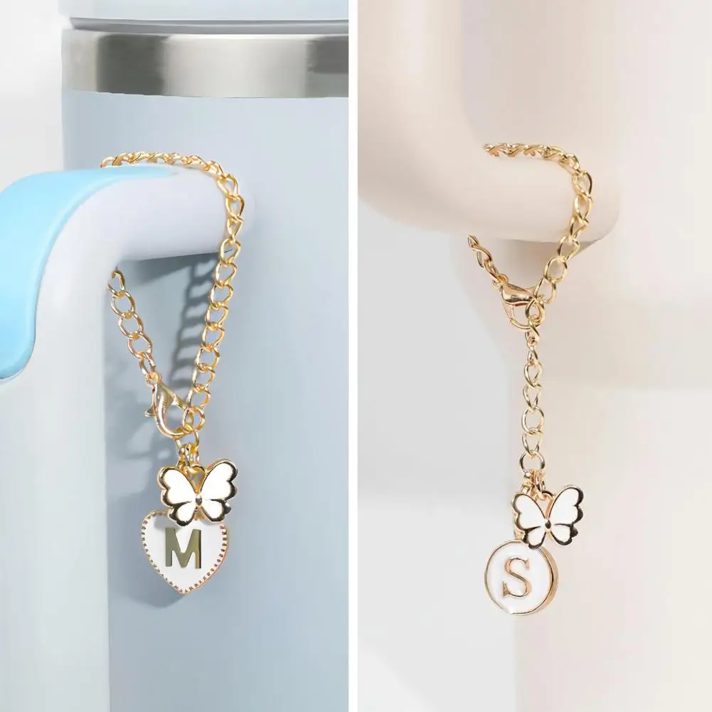 2 Pcs Butterfly Letter Charms For Tumbler Name ID Handle Charms Heart Shape Initial Identification Cup Supply Milk Tea Pendant