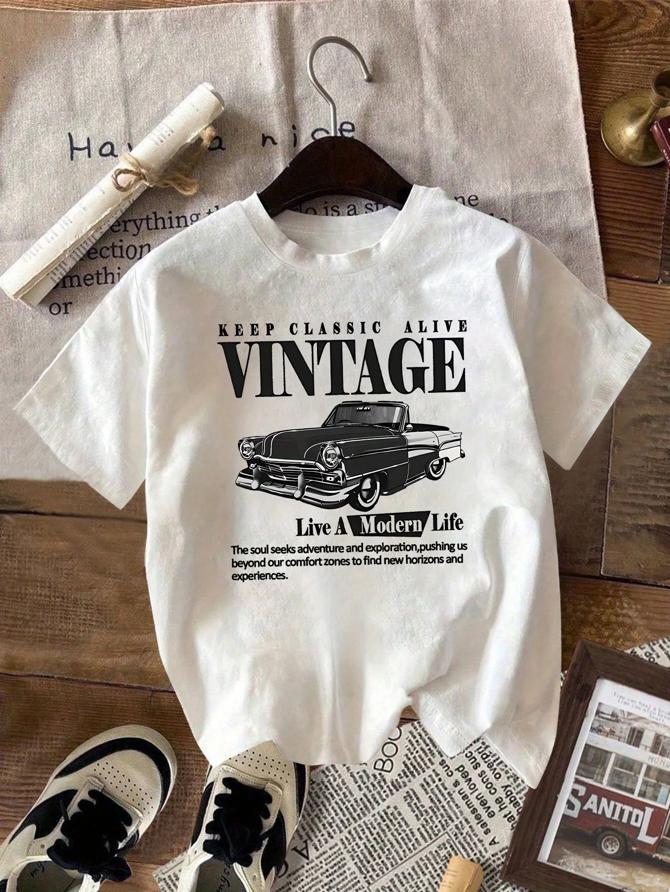 

Women's Vintage Car Pattern T-Shirt "Keep it Classic" design white casual top with black and gray art translucent material