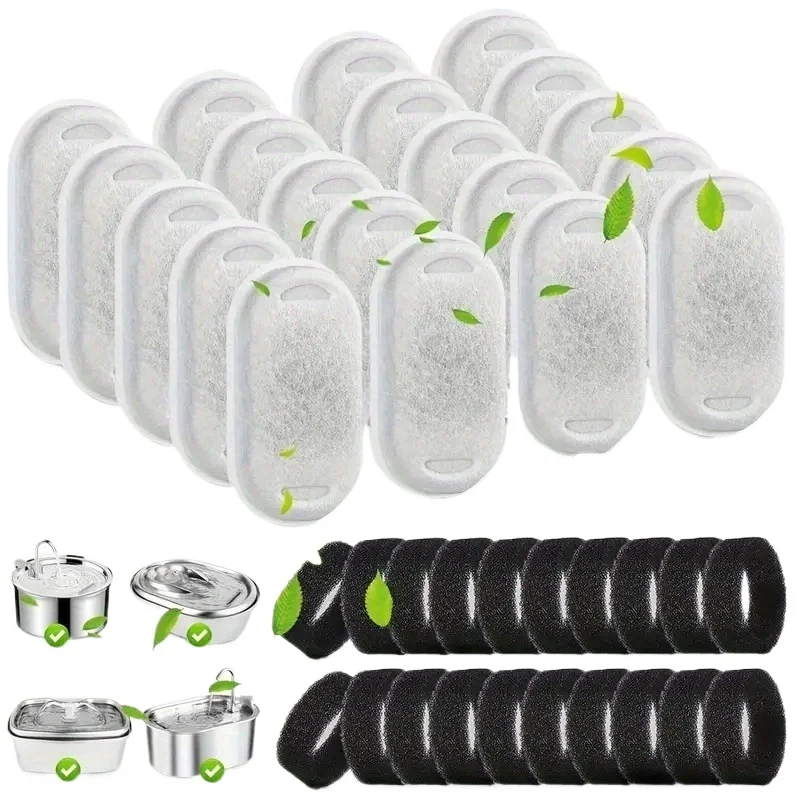 KEMORELA 20 pièces fontaine d'eau pour chat filtres éponge à charbon actif pour distributeur d'eau en acier inoxydable accessoire de soin pour animaux de compagnie