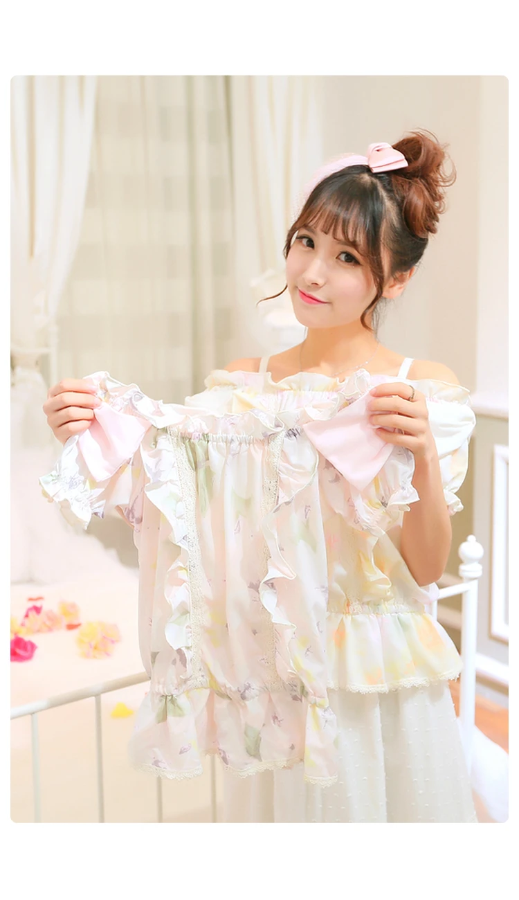 Japan Liz Lisa Floral Printed Lace Boat Neck Bow Shoulder Shirt