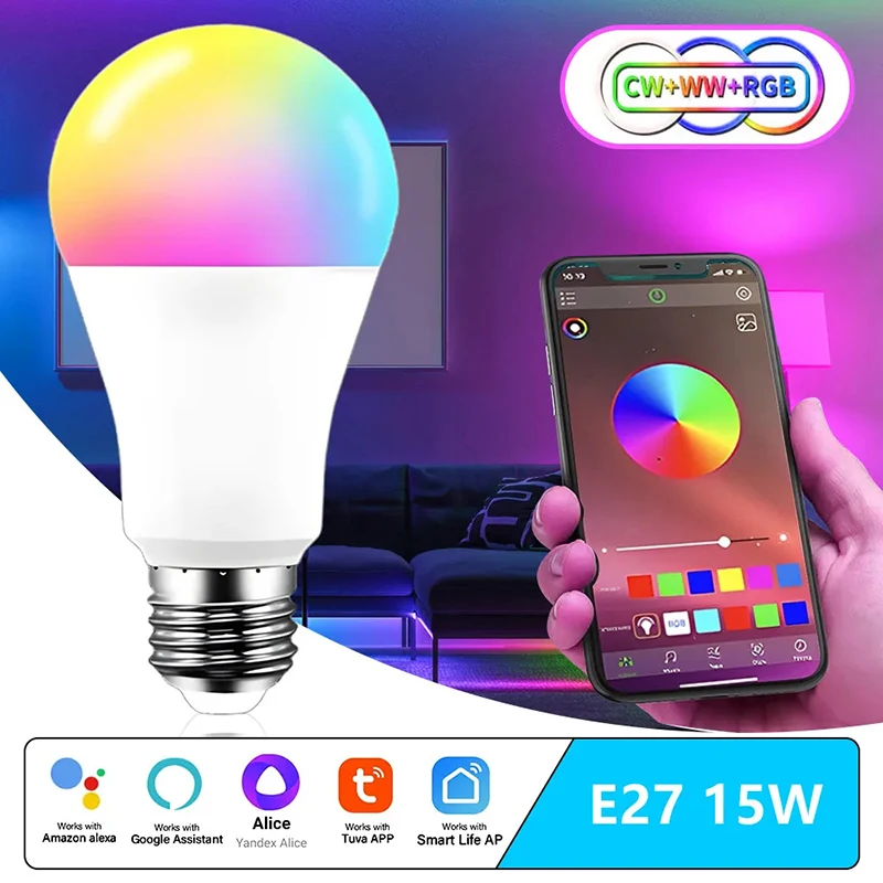 Tuya WiFi E27 Smart Dimmable Bulb RGB+CW+WW 220V-240V 15W LED Light Smart Life App Control Support Works Alexa Google Home Alice