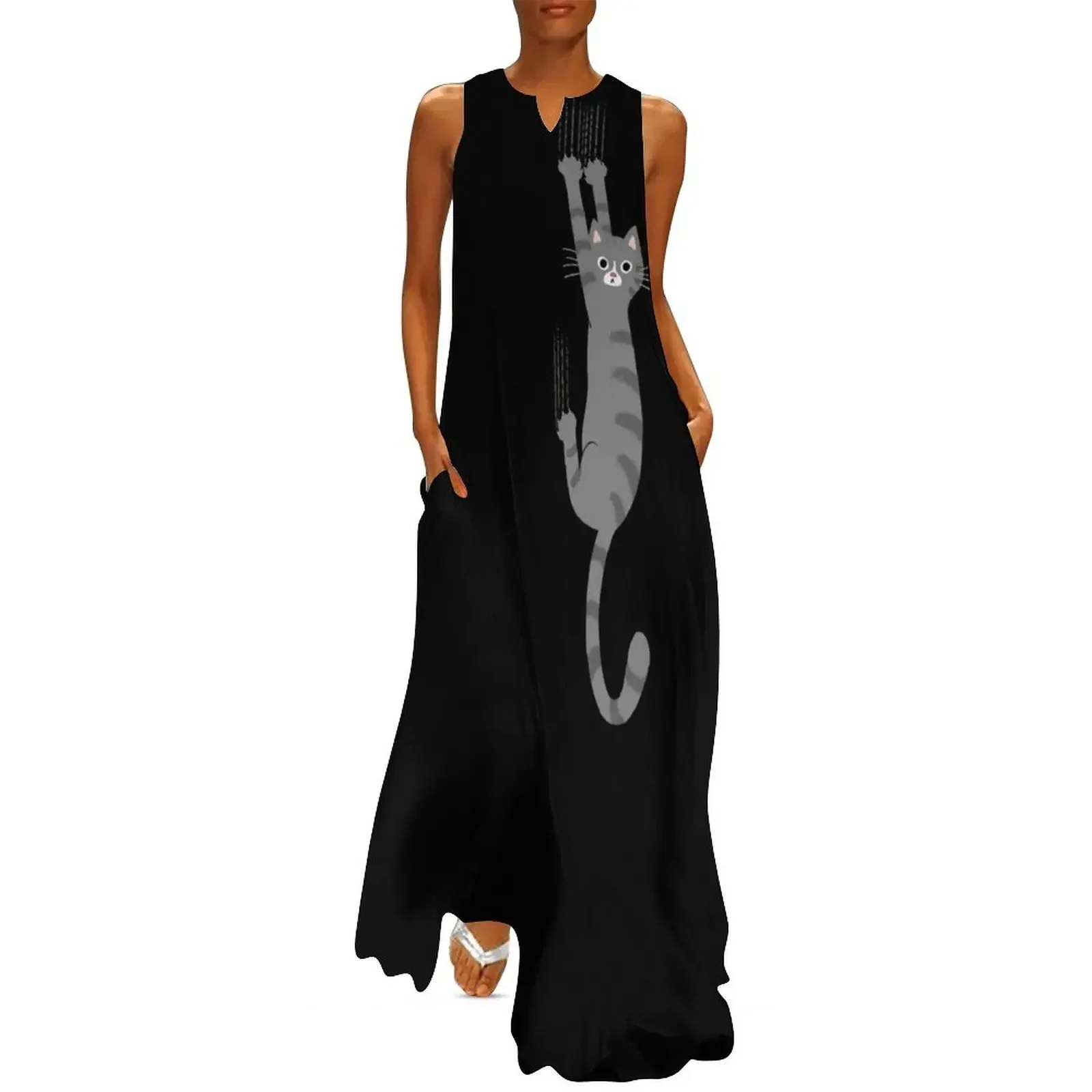 

Grey Tabby Cat Hanging On | Funny Gray Striped Cat Holding On with Claws Long Dress dress for women 2025 Dress