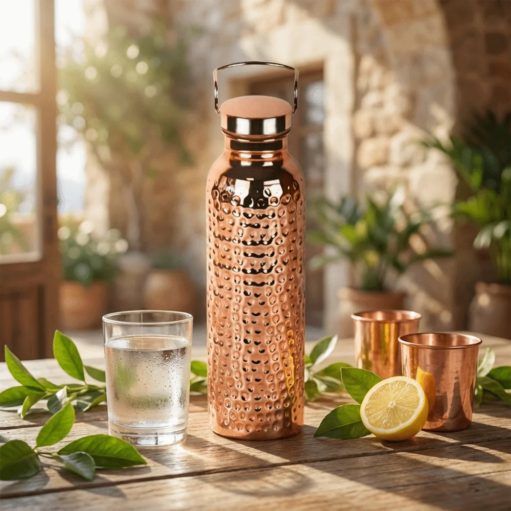 304 Stainless Steel Electroplated Copper Water Bottle Portable 800ML Stainless Steel Drinking Cup Leak-Proof Hammer Pattern