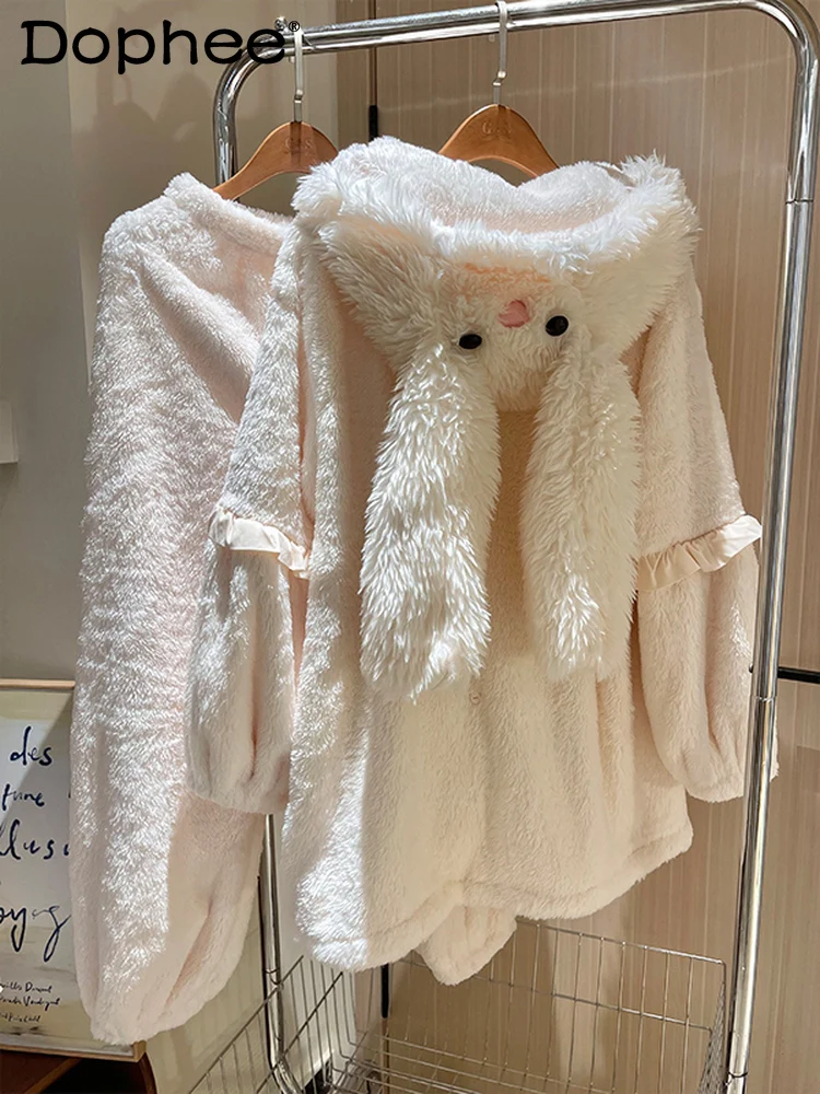 

Новинка 2025 года, милая милая пижама с капюшоном и ушками кролика для девочек, осенне-зимняя повседневная теплая удобная домашняя одежда с бантом