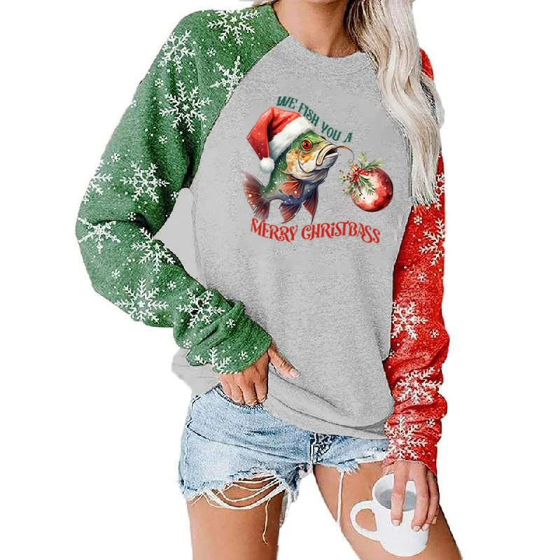 

Autumn Winter Ladies Clothing We Fish You A Merry Christmas Print Casual Sweatshirt Long Sleeve Tops T-Shirt Round Neck Pullover