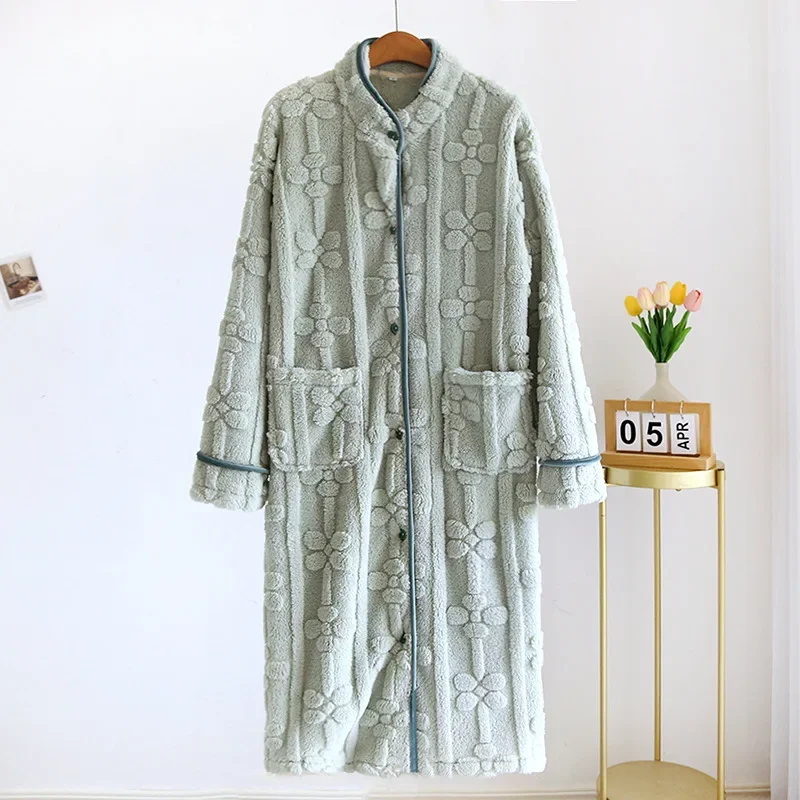 Autumn and Winter 2024 New Women\'s Nightgown Flannel Sweet and cute Bathrobe Women\'s Nightdress Stand collar Button Home Dress