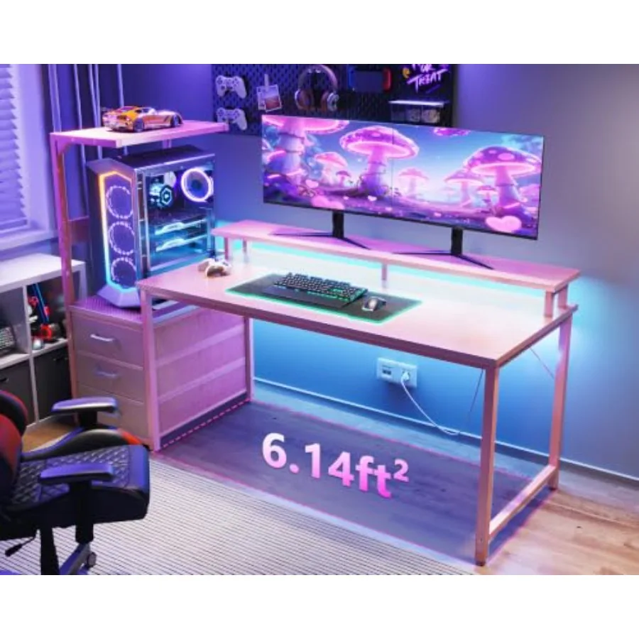 Gaming Desk W/PC Showcase Stand for PC Setup, MDF Wood, Black, Reversible 59 Surface with RGB LED Lighting