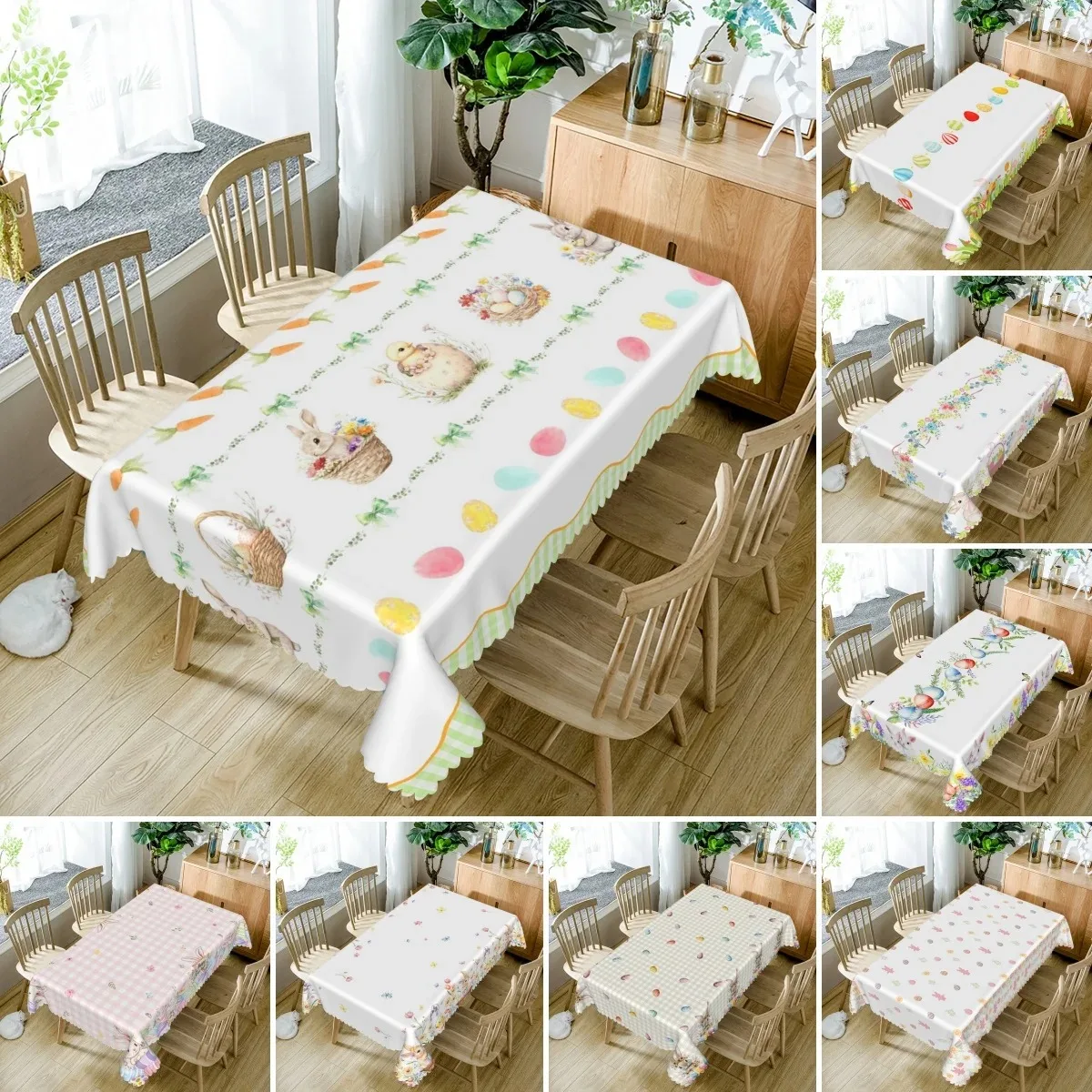 

Spring Pastel Plaid Tablecloth Waterproof Polyester Cute Chick Bunny Table Cover For Kitchen Picnic Dining Banquet Decor
