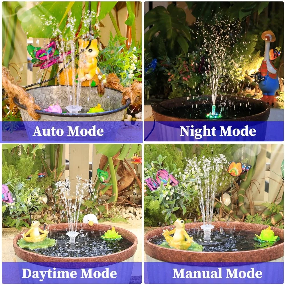 8W Solar Fountain Pump with 3000mAh Battery, DIY Rechargeable Solar Water Fountain with LED Colorful Lights, 2024 Upgraded Solar