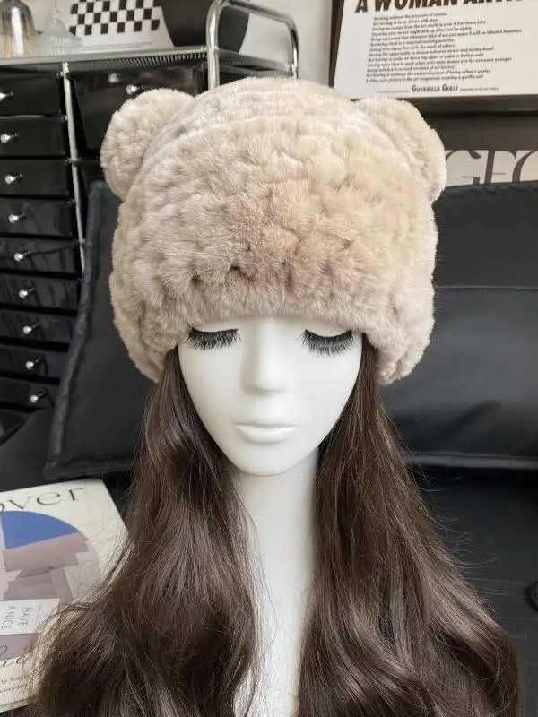 chapeau-en-fourrure-de-lapin-tricote-a-la-mode-bandeau-d'oreilles-en-peluche-mignon-pour-femmes-bonnet-d'hiver-chaud-design-d'oreilles-d'ours-assorti-a-tout-pour-l'automne-et-l'hiver