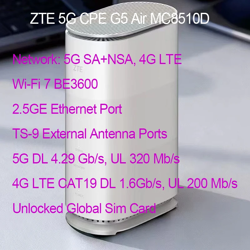 

Новый маршрутизатор ZTE G5 Air 5G CPE MC8510D WiFi 7, порт BE3600 2,5G Ethernet NFC 5G NR 4G LTE Cat19, беспроводной модем для SIM-карты 4*4 MIMO