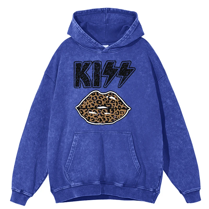 

Retro Distressed Wash Kiss Leopard Print Lips Design Men Hoodie Loose Hip Hop Sweatshirt Hip Hop 100% Cotton Clothes Streetwear