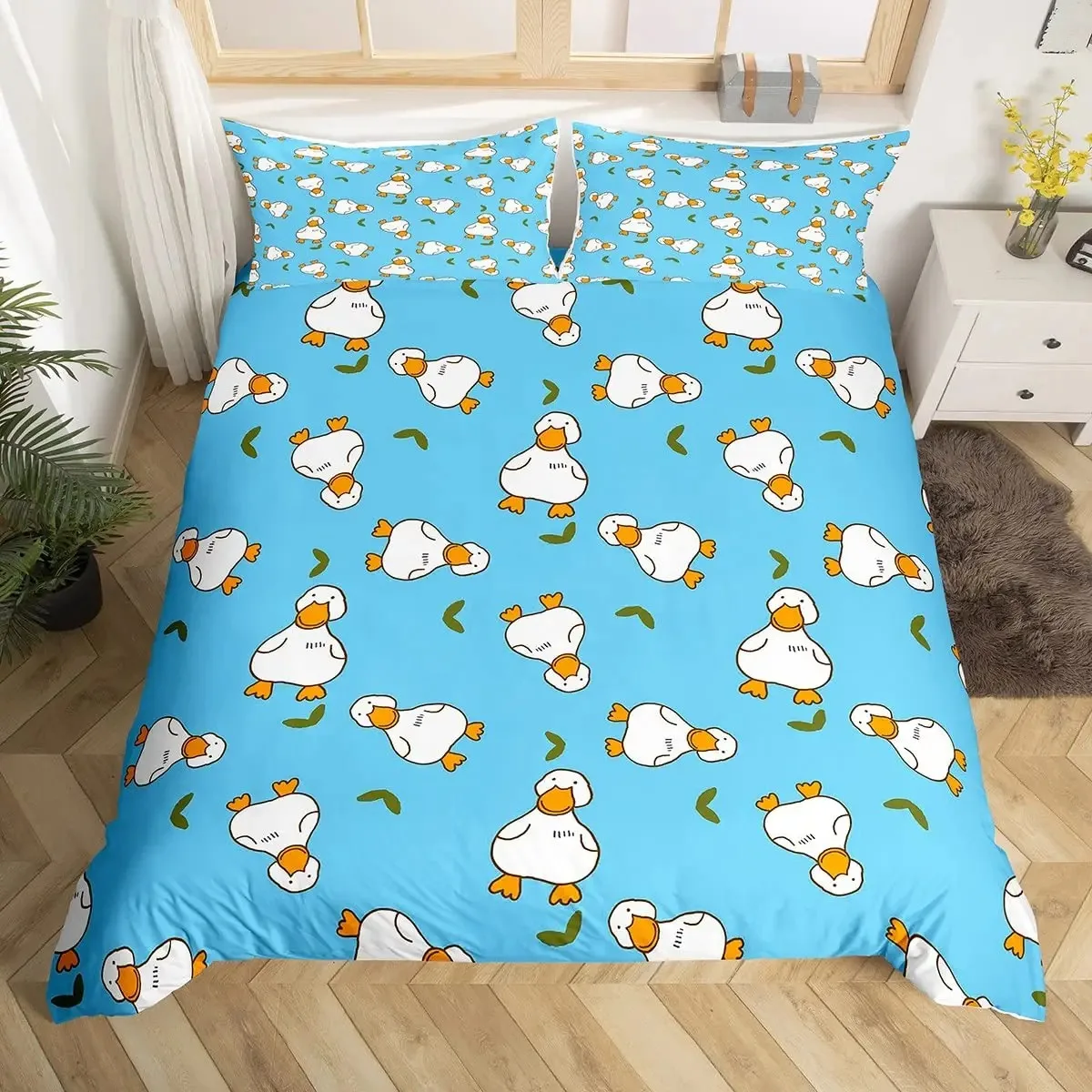 Colorful Duck Bedding Set Kids Cartoon Ducks Duvet Cover Graffiti Rustic Animal Comforter Cover Farmhouse Animal Quilt Cover