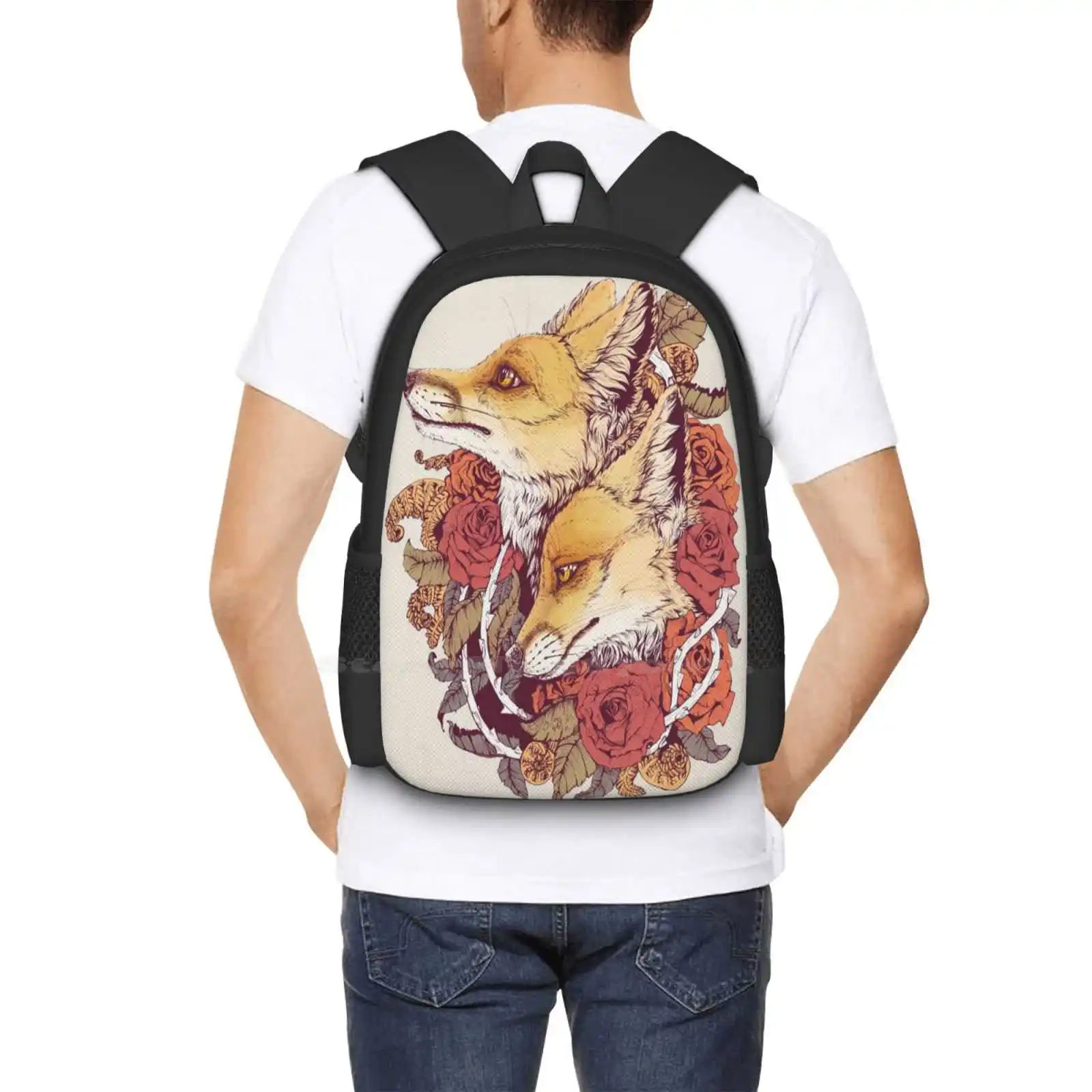 Mochila Red Fox Bloom para homens e mulheres, mochila para adolescentes, rosas, raposas vermelhas, Vixen, vulpes, floral, bud, samambaia, espiral, espinhos, natureza