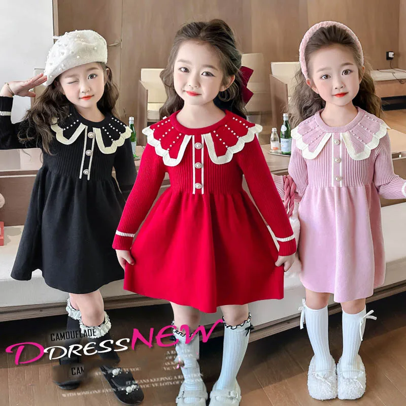 

Children Girls Knitted Dress Autumn Lapel Printed Toddler Kdis Girls Princess Dress Loose Ruched Wasit Infant Babys Girl Dresses