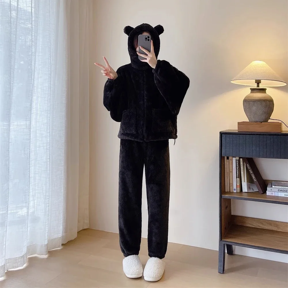 Thickened Warm Fleece Women\'s Pajamas 2 Piece Set Cartoon Cute Furry Black Pajamas Outside Home Suit Suit Female Autumn Winter