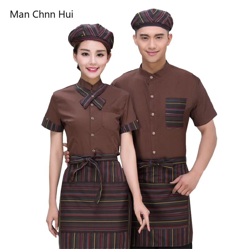 Food Service Shirt Hat Apron 3 Pce Suit Restaurant Waitress Kitchen Shirt Hotel Uniforms Bakery Coffee Waiter Work Clothes