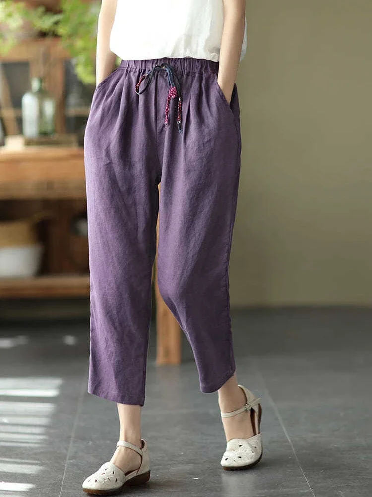

Casual Summer Pants Retro Elastic Waist Loose Cotton and Linen Harem Pant 2024 Summer New Solid Color Drawstring Pants for Women