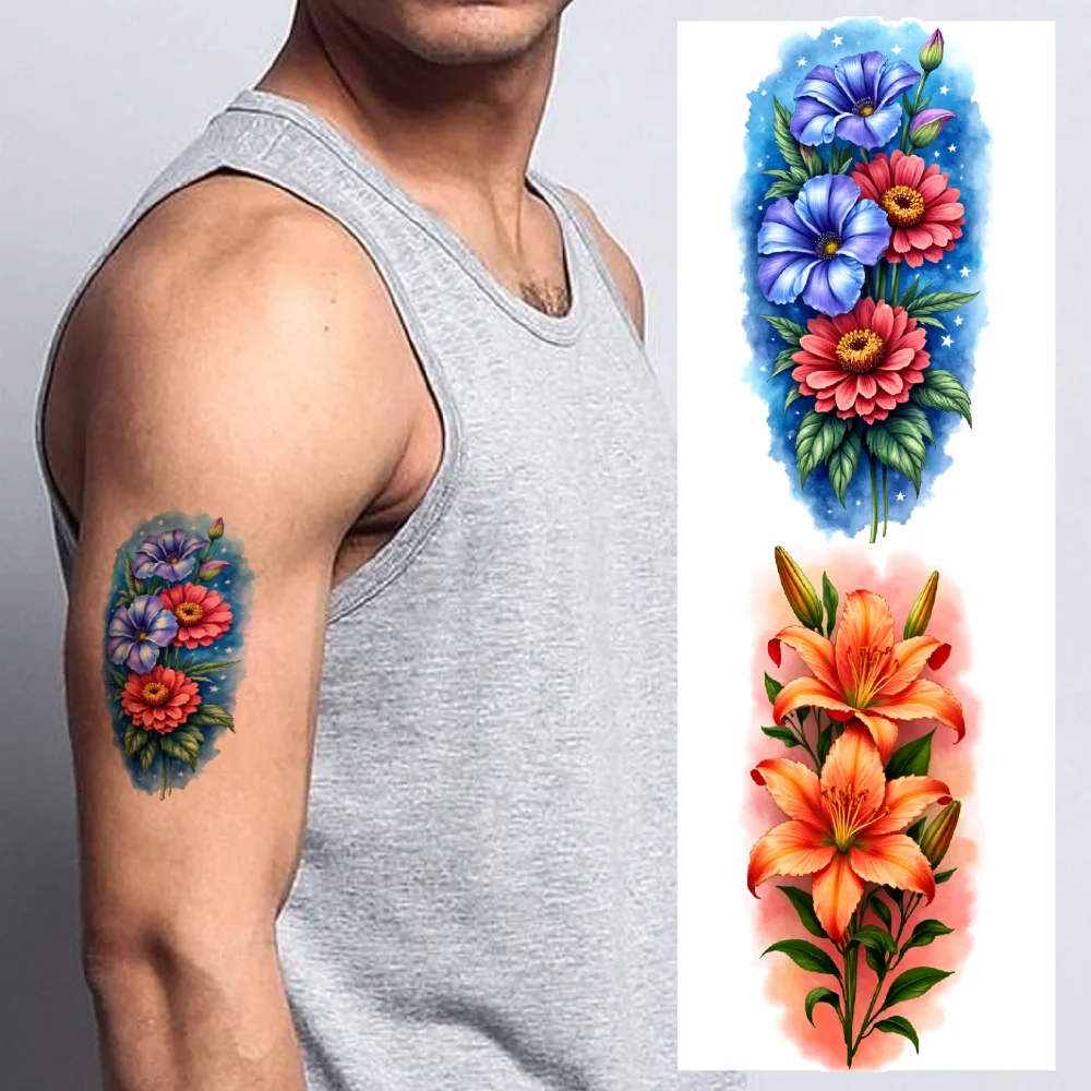 

9pcs Temporary Tattoo Blue Flowers Realistic Temporary Tattoos Sunflower Pink Flowers Colorful Realism Red Tulip For Back