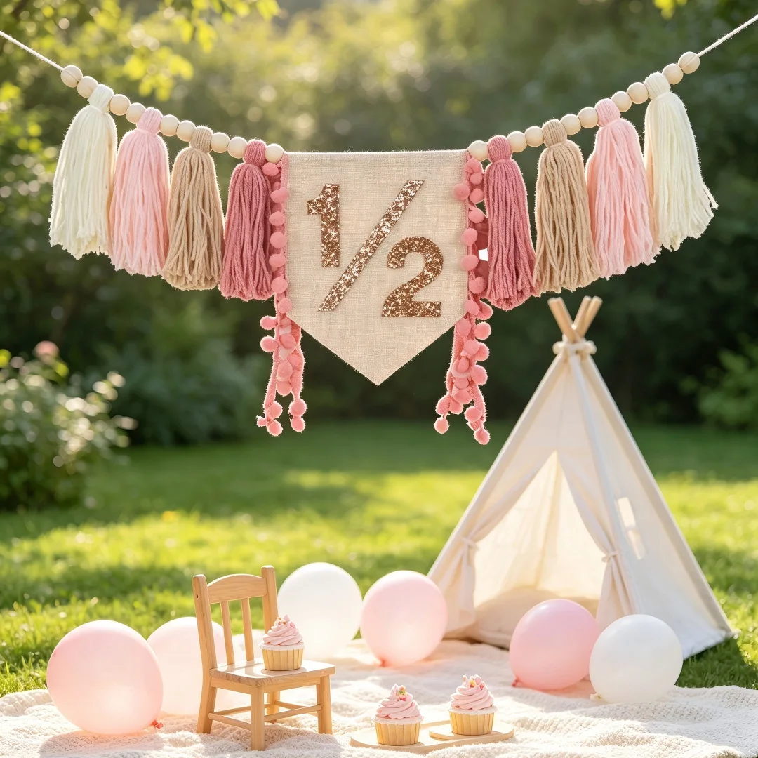 1/2 Pink Birthday Half Birthday Decorations - Half Way to One Banner Cake Topper Tassel Wood Bead High Chair Banner Party