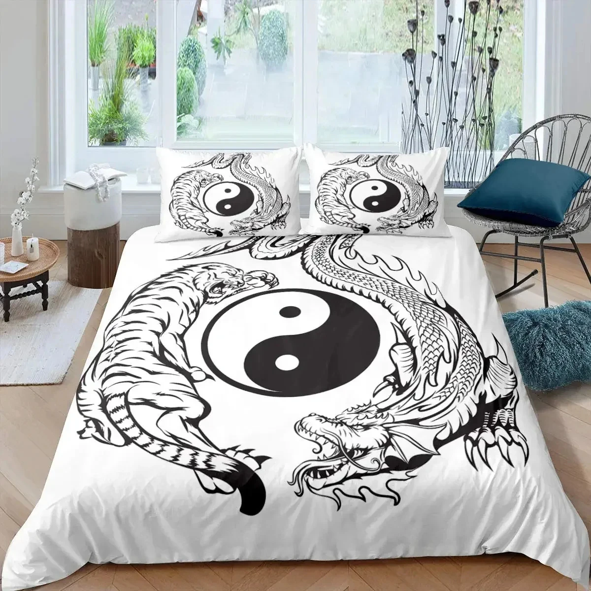 

Yin Yang Duvet Cover Set Tiger and Dragon Comforter Cover Set Traditional Gossip Pattern Yin Yang Theme Bedding with Pillowcase