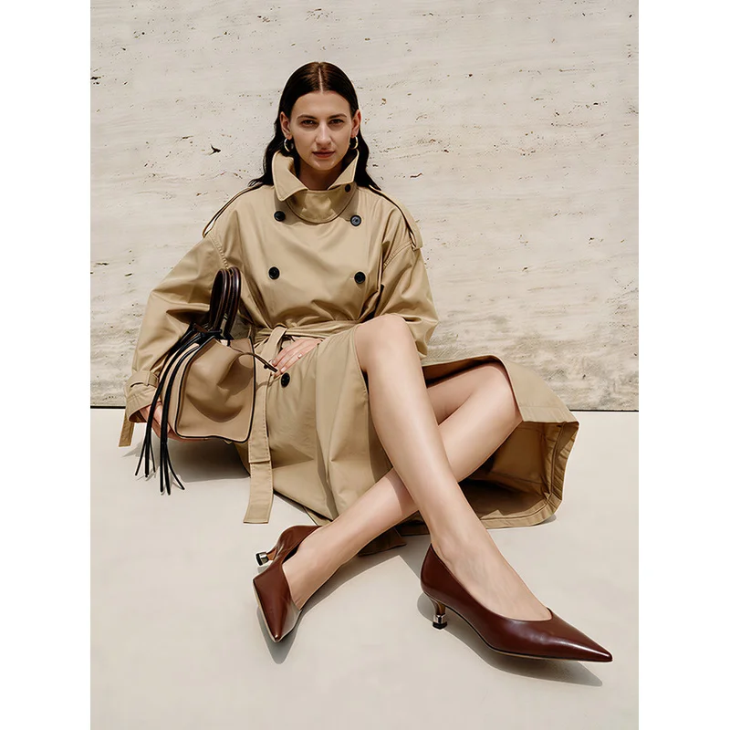 Women Cow Leather Pointed Toe Slip On Pumps Thin Stiletto Mid Heel Rubber Sole Minimalist Elegant Office Four Season Shoes F192