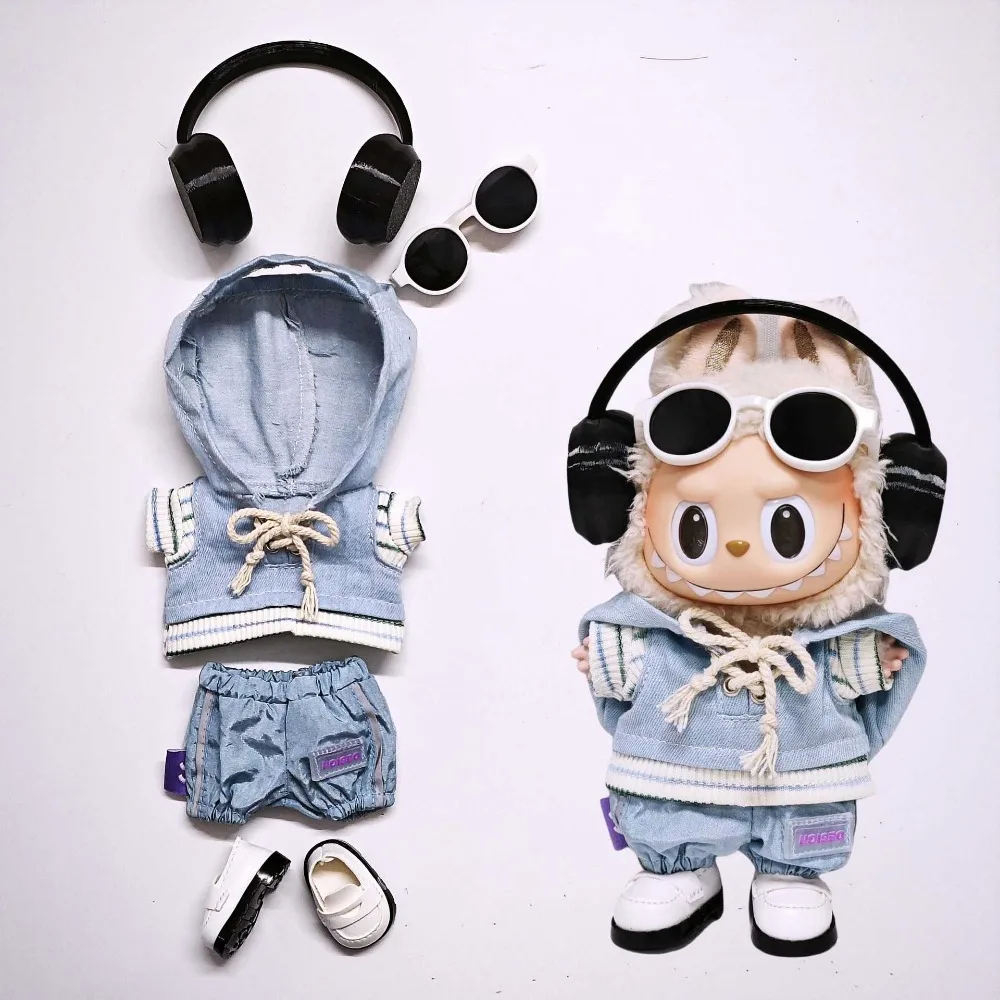 Für 17 cm Labubu Puppe Kleidung Outfit Denim Hoodie Hosen Schuhe Puppen Zubehör Sitzen Party Ändern Kleid Spiel Spielzeug