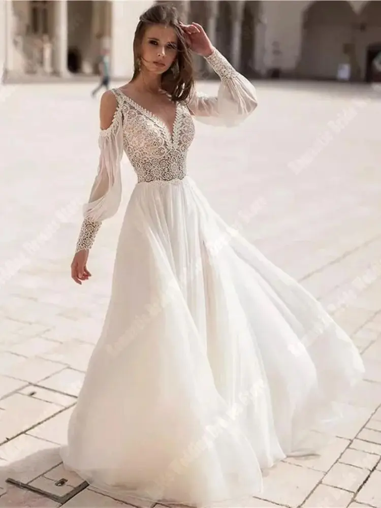 Vestidos De Novia con escote en V profundo para mujer, Vestido De Novia largo con purpurina De tul para fregar, elegante Vestido De Novia De manga larga con corte en A personalizado