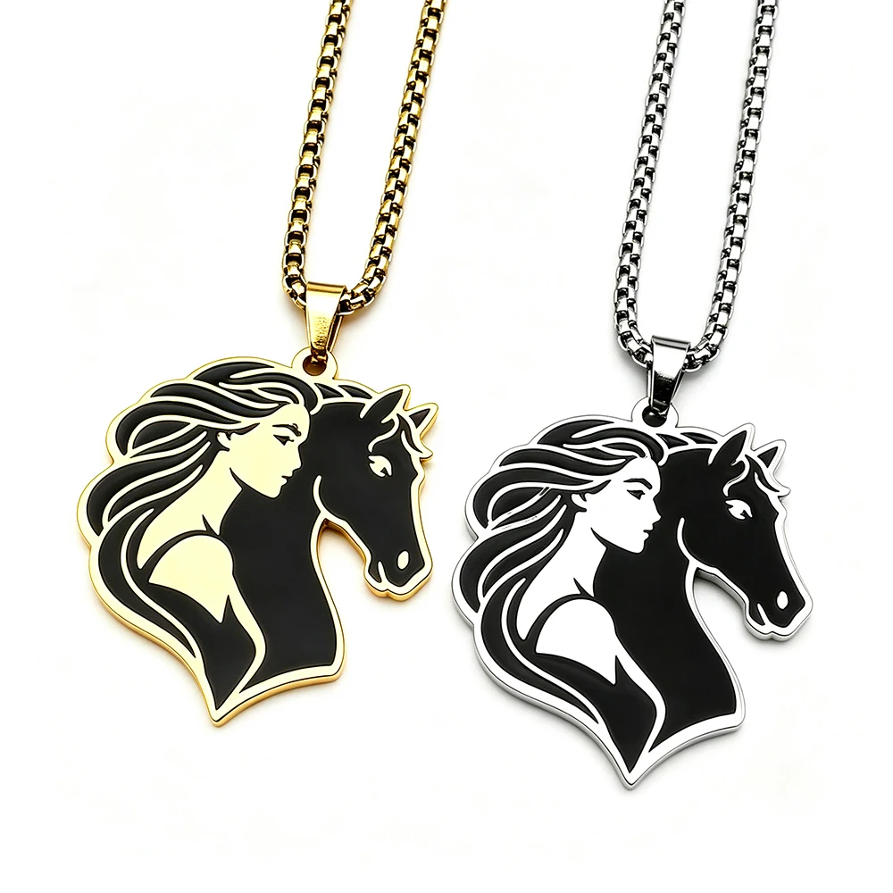 New Horse Pendant Necklace Enamel Girl Horse Profile  Stainless Steel Chain Necklace Women Freedom Inspirational Jewelry Gift