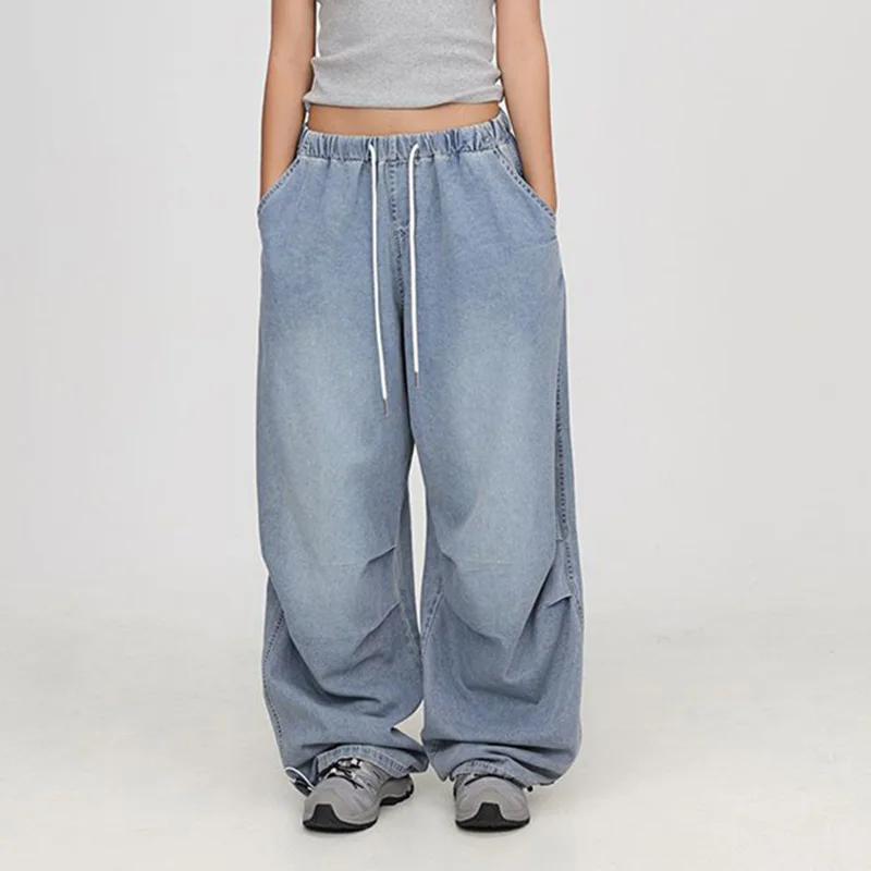 Blue Denim Jazz Dance Pants Women Lace Up Loose Lazy Hip Hop Jeans Trousers American Letter Streetwear Wide Legged Pants