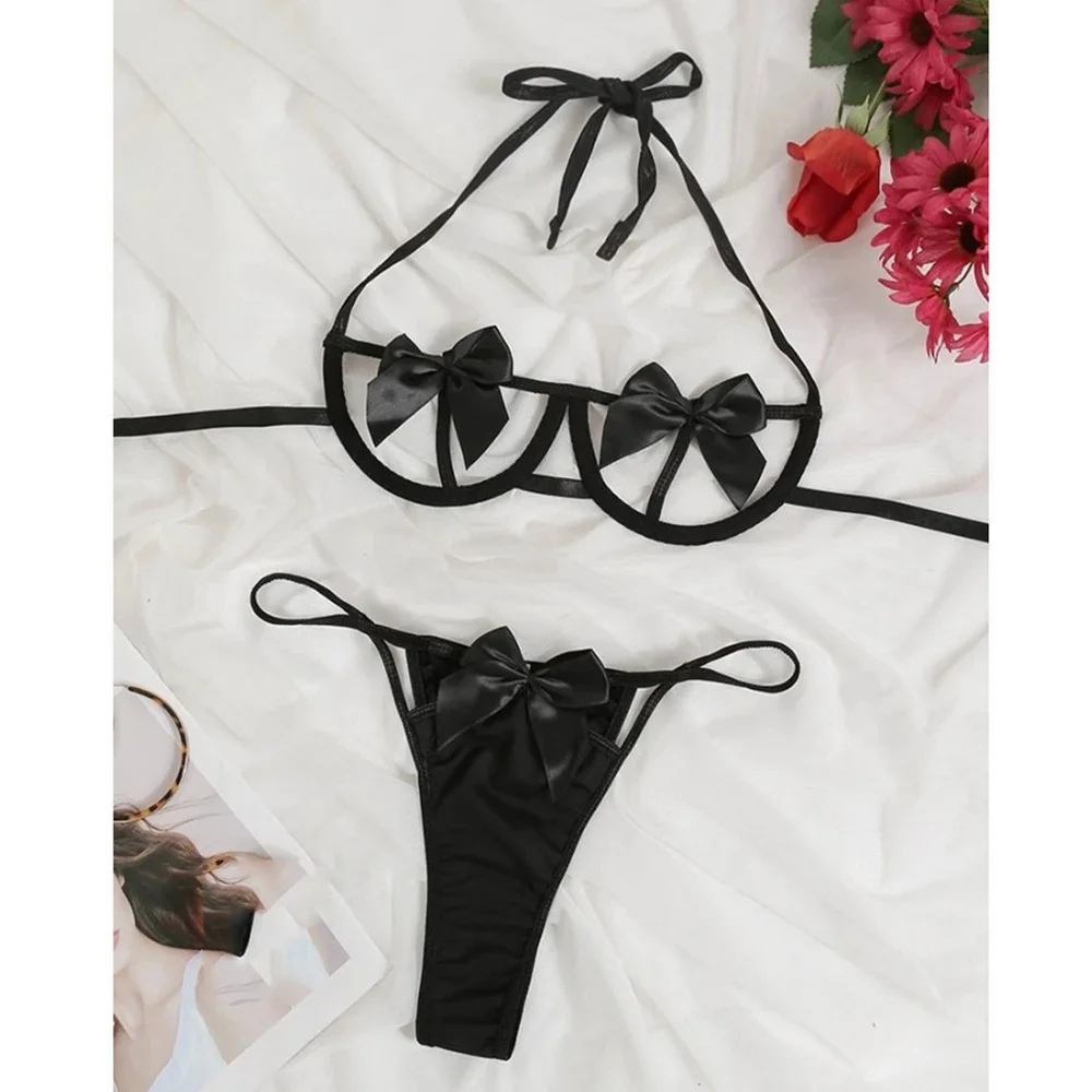 Christmas  S-3XL Women\'s Sexy Underwear  Bowtie Lingerie  Female Transparent Low Waist Hollow Out Outfit  Three-Point Bandage