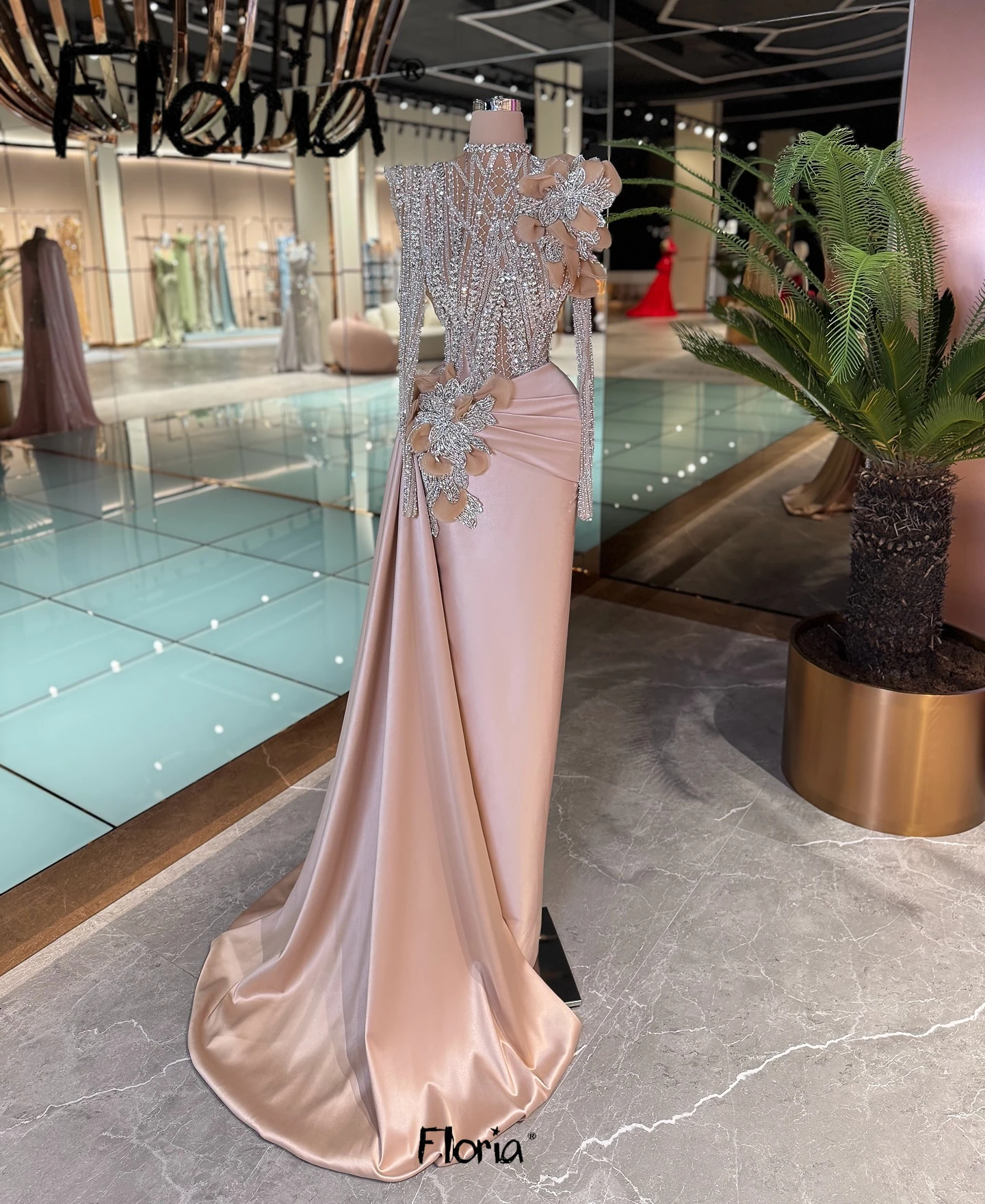 Vestidos de fiesta de boda color champán rosa, manga larga, encaje con cuentas, vestido de fiesta brillante para celebridades, estilo de Oriente Medio, Dubai, personalizado