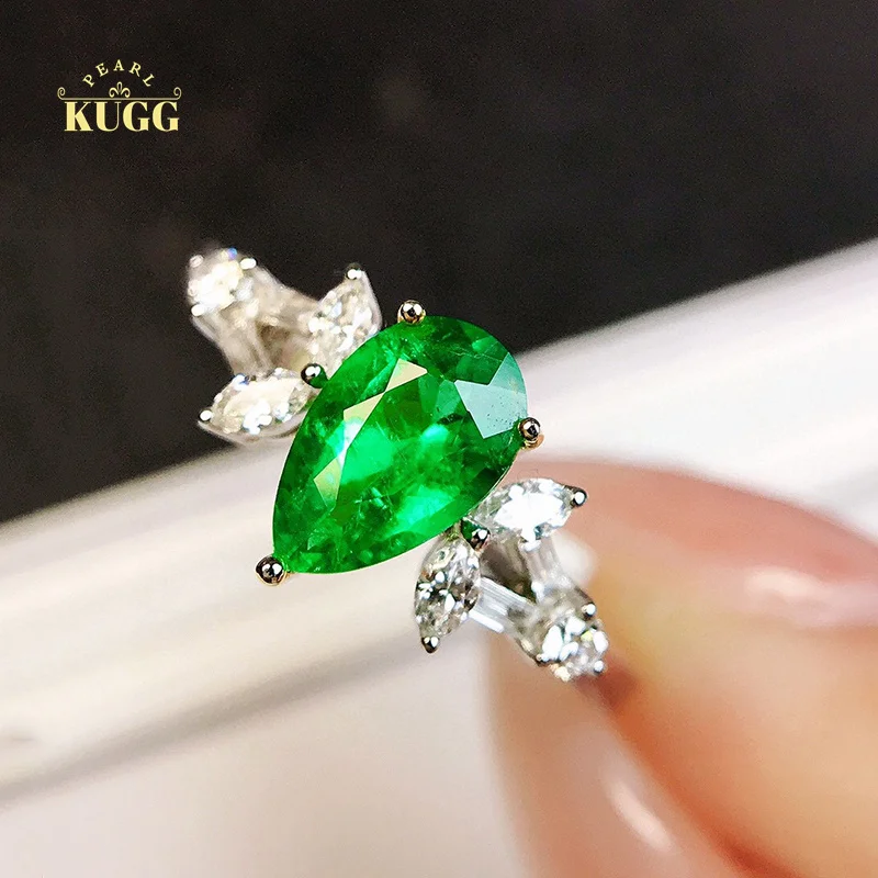 

KUGG 18K White Gold Rings Elegant Style Real Natural Emerald Gemstone Ring for Women Senior Banquet Luxury Diamond Jewelry