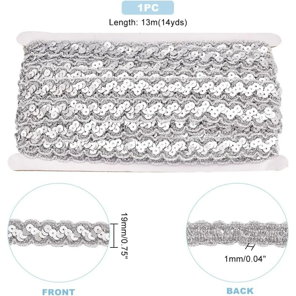 14 Yards Metallic Lace Trim, 3/4 Inch Silver Sparkle Wave Lace Trim Sewing Lace Fabric Trim Crochet Ribbon with