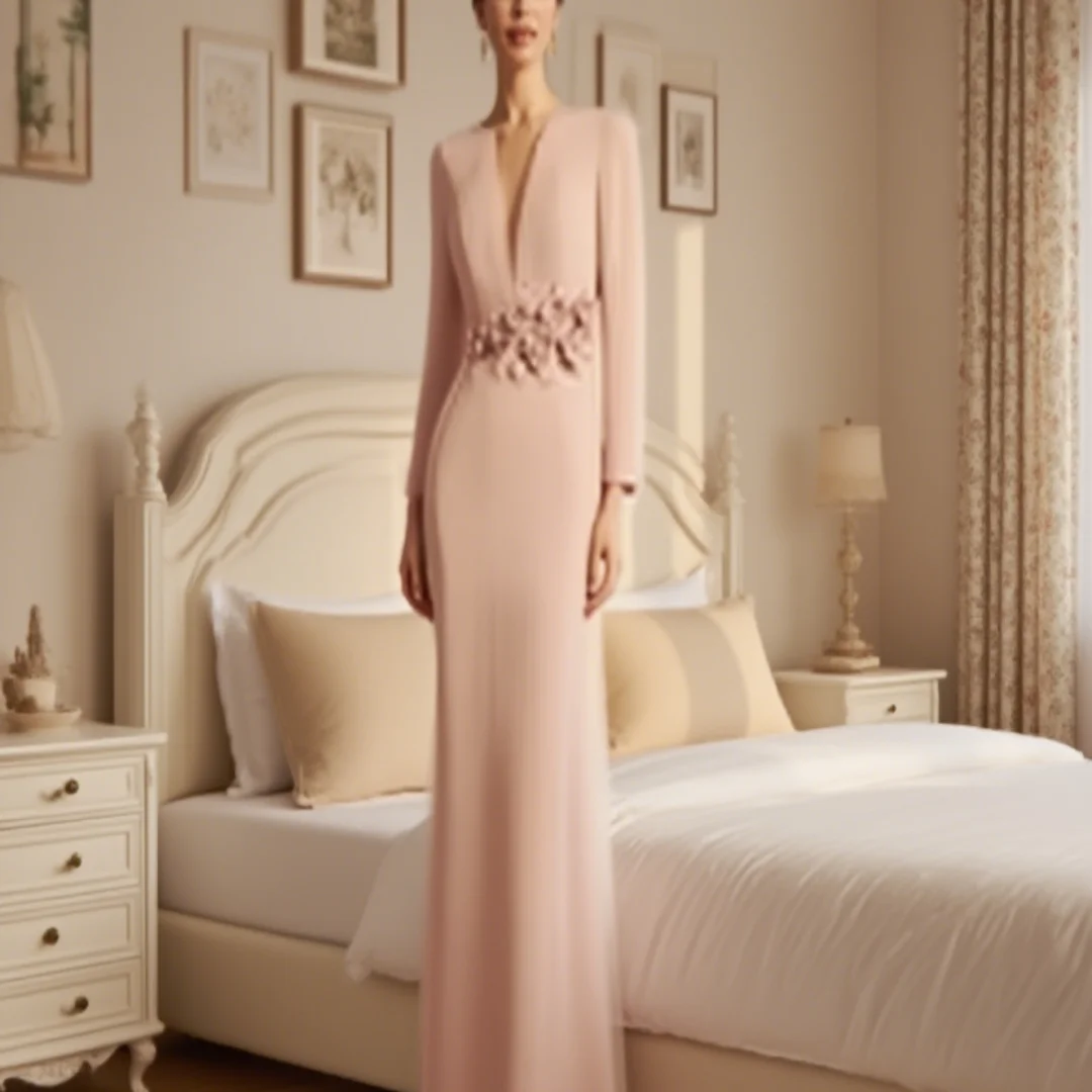 カスタマイズされた花 V ネックサテンロングウエディングドレス長袖女性のウェディングパーティードレス