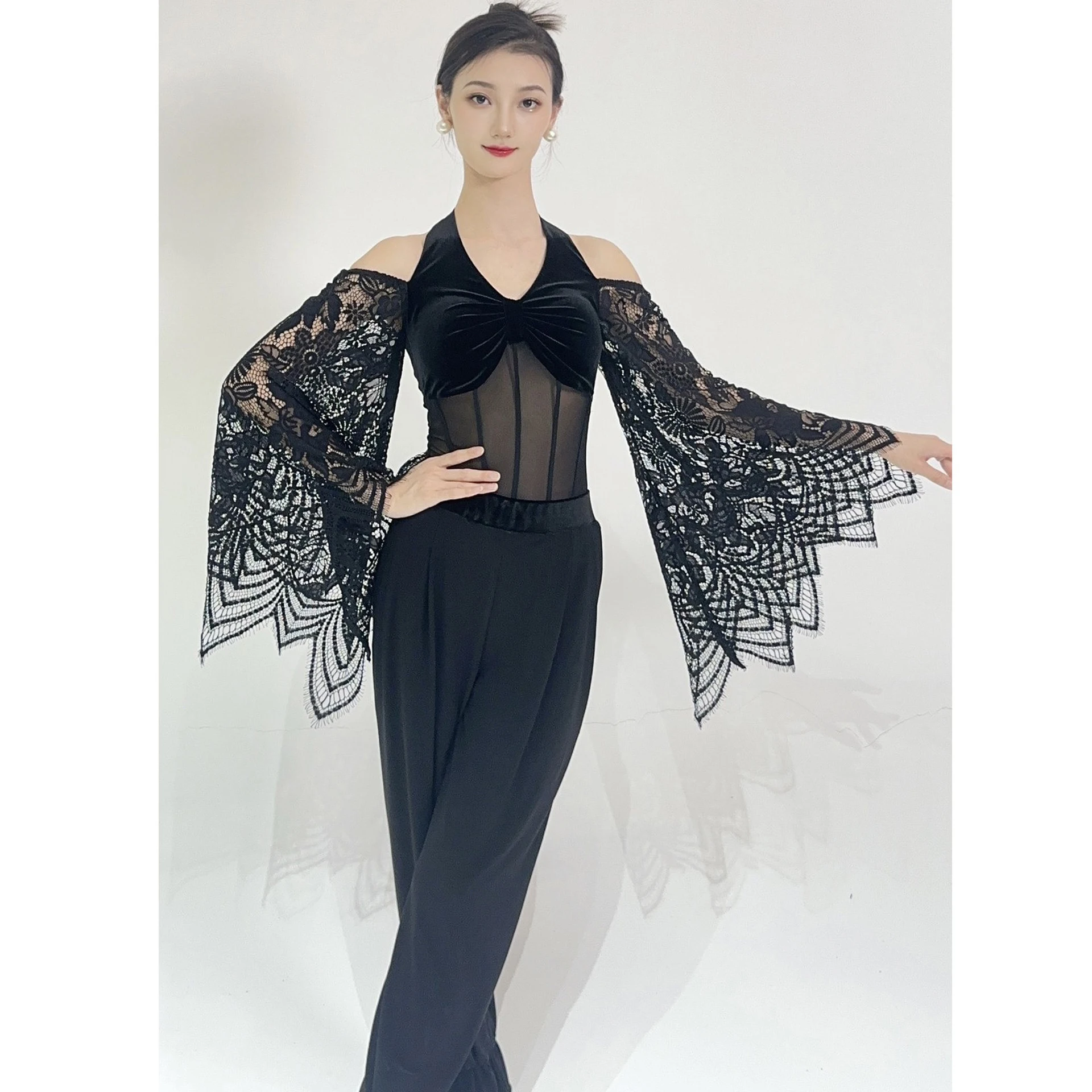 2026 dança de salão rendas queimado mangas topos feminino valsa dança desempenho traje baile social dança de salão roupas bl18314