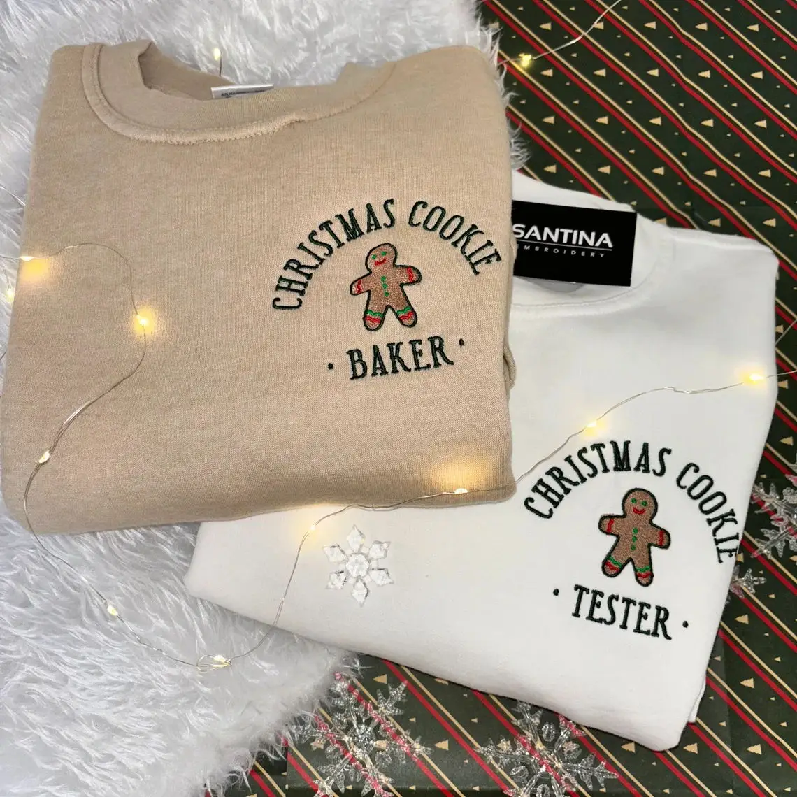 2025 New Christmas Cookie Sweatshirts Female Long Sleeve Loose Thick Fleece Warm Jumper Vintage Style Embroidered Pullover