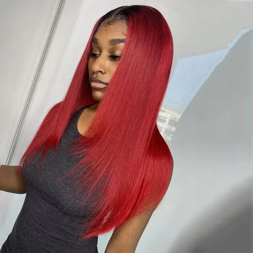 Perruque Lace Front Wig naturelle, cheveux lisses et longs, avec racines rouges et noires