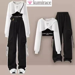 Korean Style Patchwork Long Sleeved T-shirt Work Pants Wide Leg Pants Two-piece Casual Student Pants Set Autumn Outfits