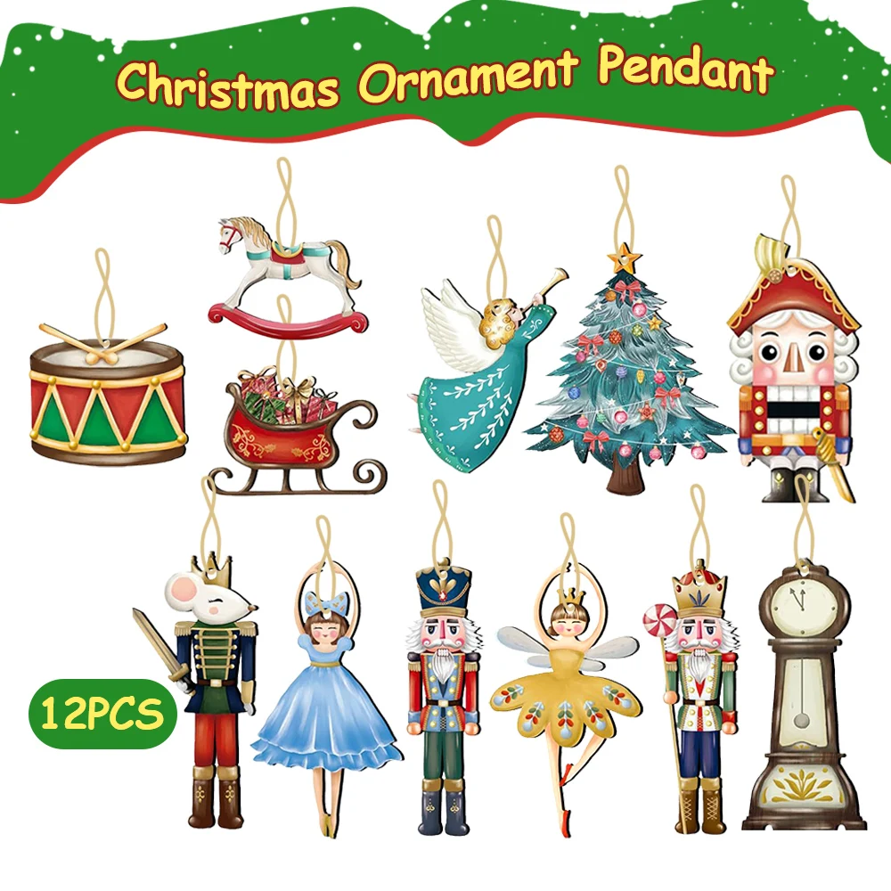 12Pcs/set Nutcracker Puppet Christmas Tree Pendant Wooden Nutcracker Soldier Hanging Pendant Noel New Year Party Home Decoration